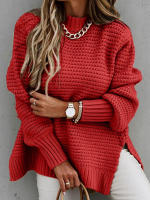 Autumn winter women knitted sweater loose warm elegant solid batwing sleeve side split pullovers - details 11