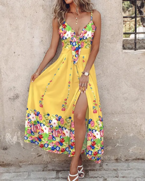 Vestido largo sin mangas para mujer, estilo casual elegante con estampado de hojas y ombré para vacaciones en Hawaii, verano. - 1