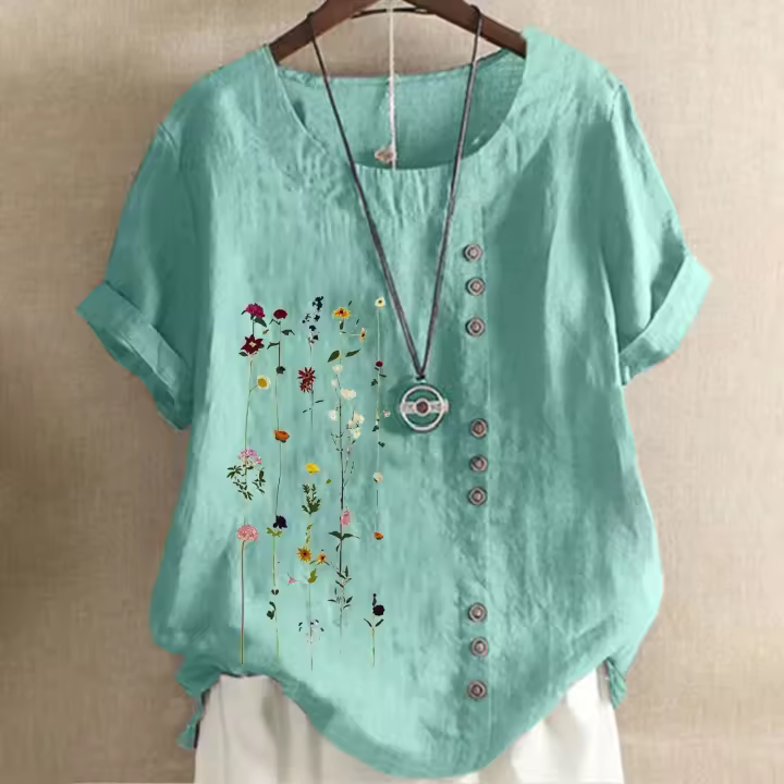 Blusa informal de lino y algodón para mujer, camisa elegante de manga corta con botones, Tops bohemios de talla grande, ropa de calle 2024 - 1