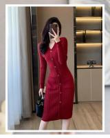 Elegante Vestido de Punto de Lana Suave Cuello en V Delgado Moda de Invierno-Otoño - details 1