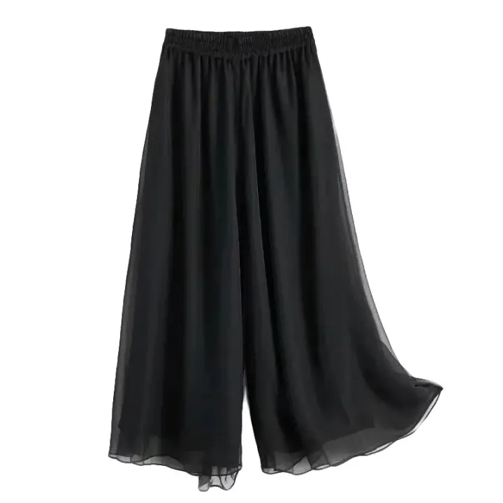 Pantalones informales de pierna ancha de gasa para mujer, Pantalón recto fino, holgado, transpirable, de doble capa, largos de cintura alta a la moda - 1