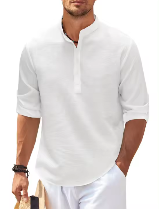 Camisa Manga Larga Stand Cuello Abierto Botón Piña Check Camisa Hombre Camisa Casual - 1
