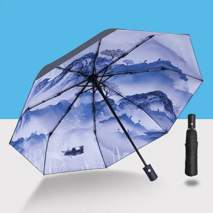 Starry Sky-paraguas automático para hombre y mujer, sombrilla compacta, plegable, de viaje, con revestimiento negro - 1