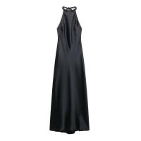 Vestido halter de satén estilo minimalista francés sin espalda para mujer, vestido midi con cremallera lateral y lazo, vestidos de - details 0