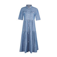 Vestido Denim Suave y Delgado Manga Corta, Estilo Retro con Bolsillos y Botones - details 4