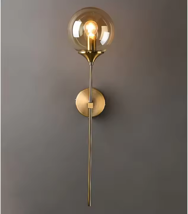 Aplique industrial vintage, globo de cristal ámbar con brazo largo aplique dorado, aplique dorado para mesilla de noche - 1