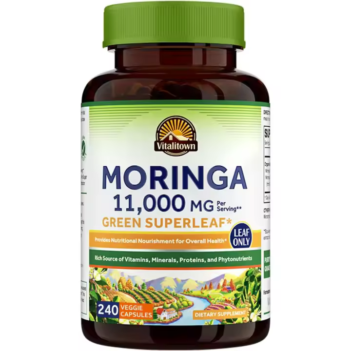 Vitalitown 11,000 MG, Hojas Puras de Moringa Oleifera, Palitos, Sin Cafeína, Energía, Inmunidad, Apoyo Articular, 240 Cápsulas - 1