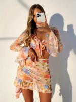 Bikini de 4 Piezas con Estampado Floral Top Halter con Escote en V Alto y Mangas Largas Camisa de Cubrir y Falda para Mujeres Moda - details 6