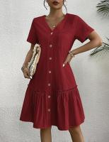 Vestido largo de algodón y lino para mujer, vestido de verano informal vintage con botones y cuello en V de manga corta suelta - details 6