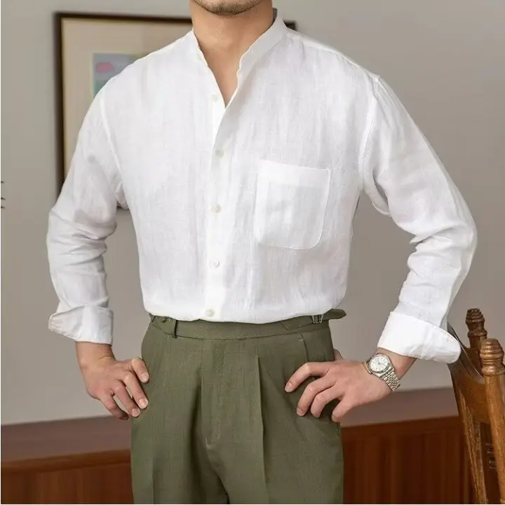 Camisa de lino para hombre verano 2025 cuello henley elegante manga larga transpirable - 1