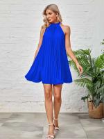 Mini Vestidos con lazo y cuello Halter para mujer, vestido plisado sin mangas con pliegues holgados de Color sólido a la moda - details 8