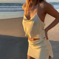 BUNO-Conjunto de 2 piezas de moda de verano de gato extraño para mujer, Tops con volantes y cuello Halter + minifaldas, trajes de fiesta en la playa de tendencia de vacaciones - details 4