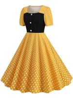 Women summer casual polka dot print short sleeve a line party vintage elegant midi dress - details 14