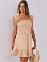 Vestido Mini de Verano Casual Boho para Mujer 2025 Cuello Cuadrado sin Mangas con Volantes de Cintura Swing A-e - details 5