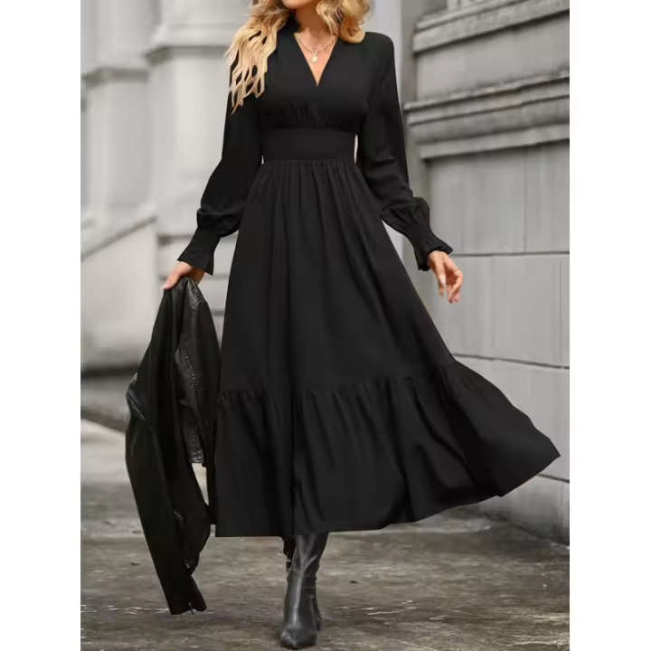 Vestido largo ajustado de manga larga con cuello en V y cintura de color liso - 1