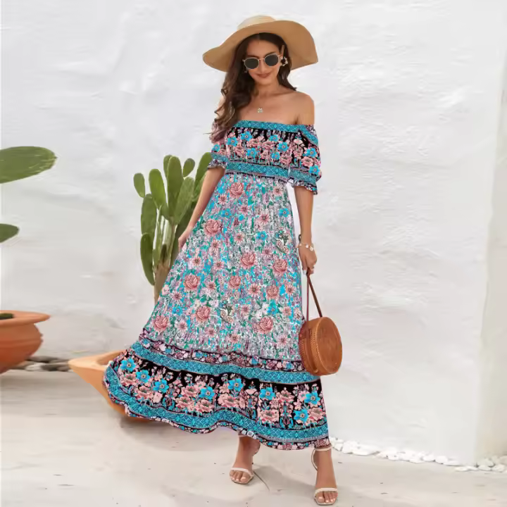 Vestido bohemio de vacaciones de playa con hombros descubiertos de manga larga estilo europeo y americano - 1
