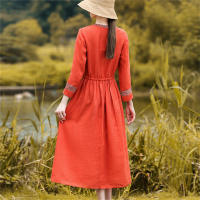 Elegante Vestido Rojo Vintage de Algodón Lino Moda Casual Suelta para Mujeres en Primavera Otoño - details 5