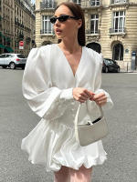 Vestido blanco nuevo de invierno versátil con mangas farol de satén Design Sense - details 7