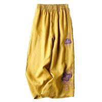 Pantalones bordados de lino y algodón para mujer, pantalones de pierna ancha de talla grande, cintura elástica, ajuste suelto informal, Color sólido, primavera y verano, 3xl, 2xl - details 3