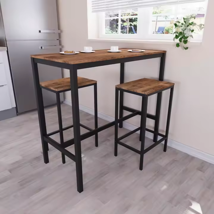 Juego de Mesa de Bar de 2 plazas, Mesa de Desayuno con 2 taburetes de Bar, Marco de Acero Industrial (Gris) - 1