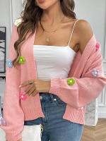 Cárdigan recortado de flores tridimensionales para mujer, cuello en V, botonadura única, manga larga, Tops, suéter de otoño 2023 - details 2
