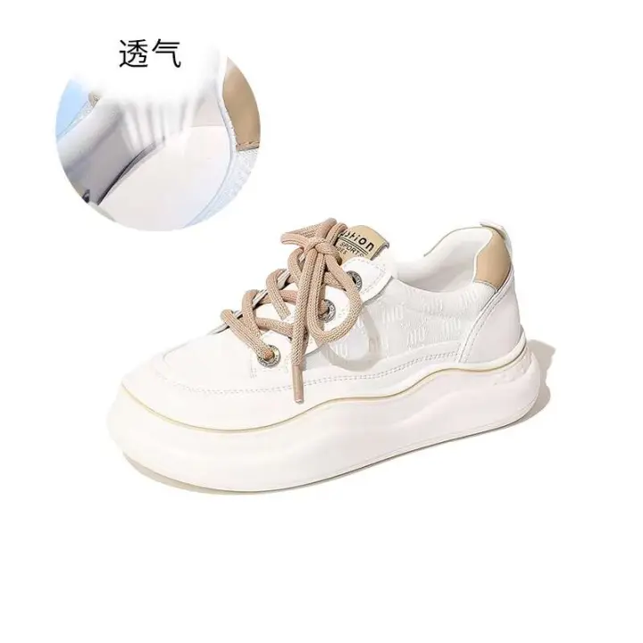 Zapatos deportivos de mujer de piel con suela gruesa y cordones, transpirables y cómodos para caminar. - 1