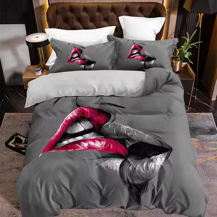 Juego de Cubierta de Edredón de Dibujos Animados de Labios Rojos Conjunto de Ropa de Cama para Pareja Material de Poliéster - 1