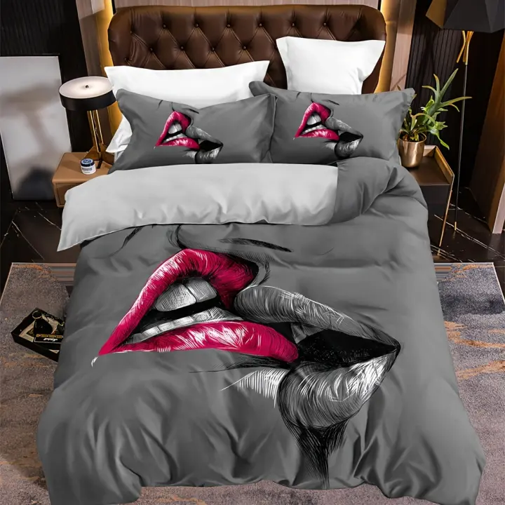 Juego de Cubierta de Edredón de Dibujos Animados de Labios Rojos Conjunto de Ropa de Cama para Pareja Material de Poliéster - 1