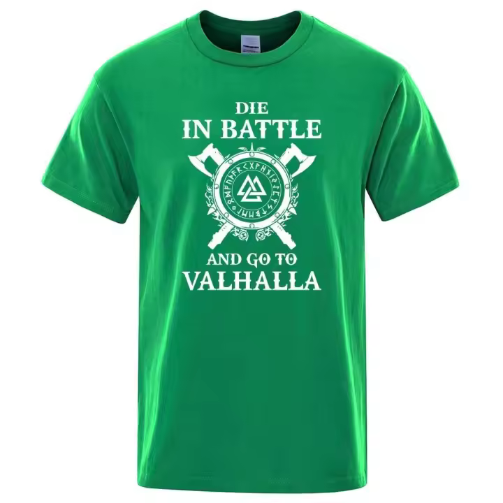 Camiseta de hombre con estampado vikingo, eslogan "Die in battle, go to Valhalla", ropa de marca, estilo hip-hop, verano, talla grande - 1