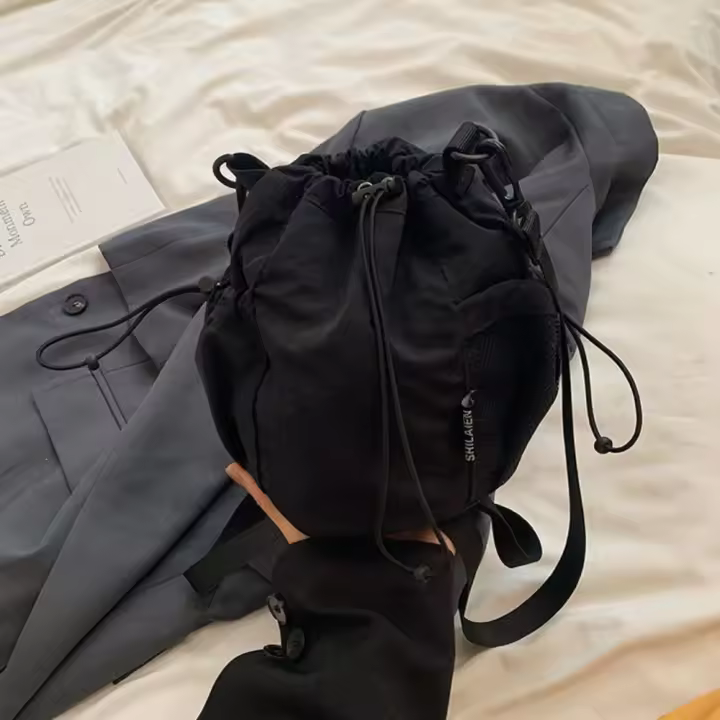 Bolso tipo cubo con cordón de estilo coreano, bandolera de nailon de gran capacidad de Color sólido, bolso de hombro de malla con correa ajustable - 1