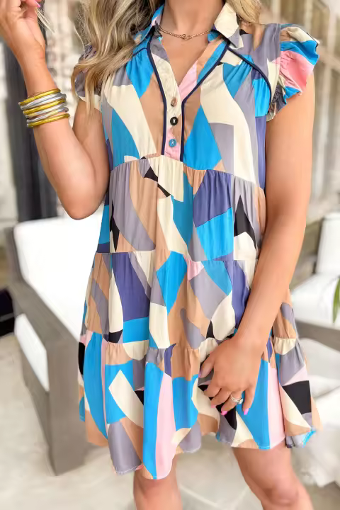 Elrachen Mini vestido con cuello y manga casquillo con volantes y estampado geométrico para mujer, azul cielo, tallas S-XL - 1