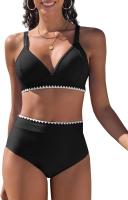 Conjunto Bikini Mujer 2 Piezas Push Up - Top Cuello V y Pantalón Cintura Alta |   Traje de baño sólido para deportes acuáticos y playa |   Tallas S-XL - details 0