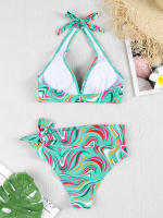 Bikini estampado con cuello en V para mujer, traje de baño de cintura alta, ropa de playa, 2024 - details 12