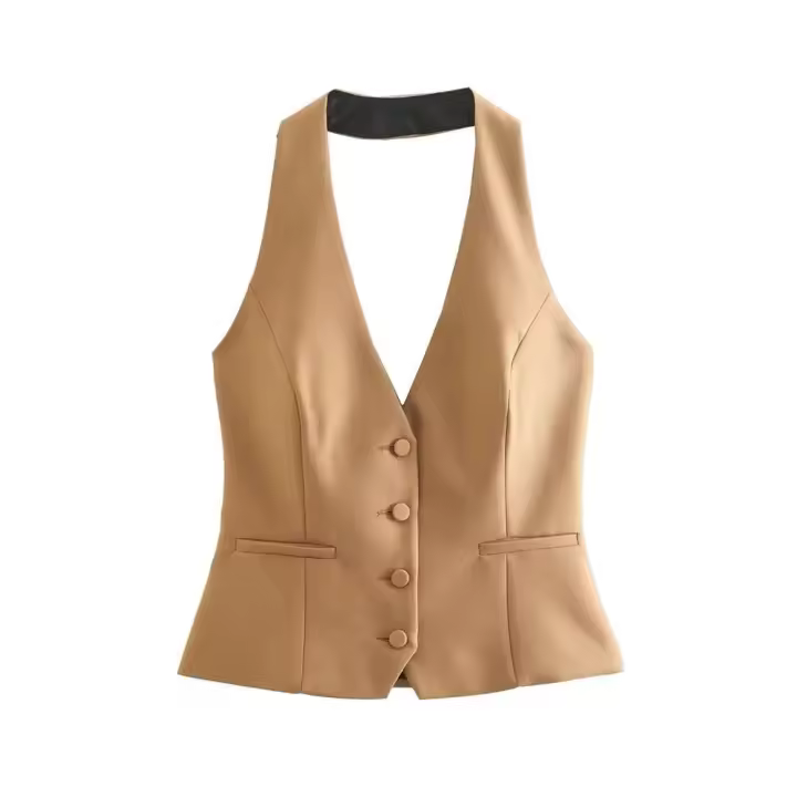 Cuello halter y botones delanteros para mujer, chaleco sin mangas con espalda descubierta, abrigo de mujer, tops elegantes, moda - 1