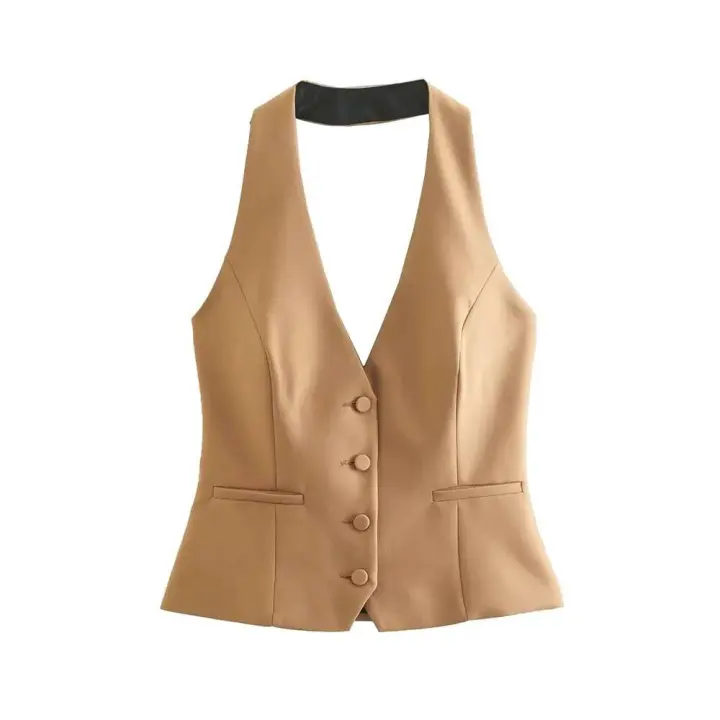 Cuello halter y botones delanteros para mujer, chaleco sin mangas con espalda descubierta, abrigo de mujer, tops elegantes, moda - 1