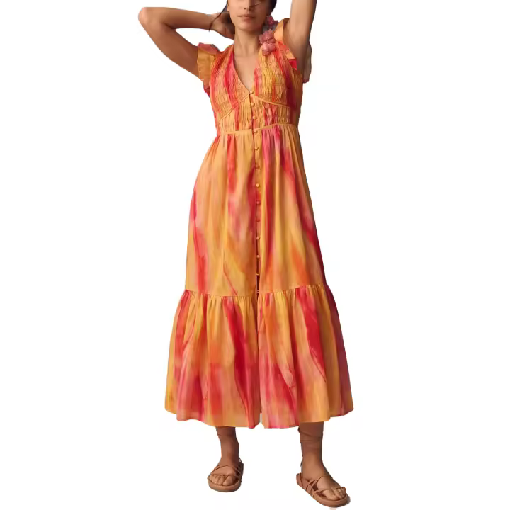 Vestidos bohemios hawaianos para mujer, vestido largo ahumado con botones, vestidos florales Y2k con volantes, vestido veraniego fluido para fiesta y vacaciones - 1