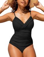 Bañador sexy liso cruzado plisado ajustado bikini de una pieza - details 3