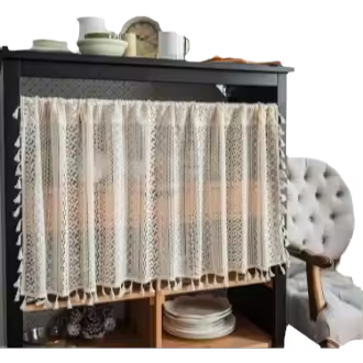 Cortinas cortas bohemias vintage, cortinas cortas, cortinas de encaje, cortinas de crochet, beige, cortinas cortas con borlas, estilo campestre, cortinas cortas para cocina, cafetería, baño, dormitorio, 1 - 1