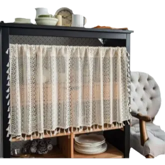 Cortinas cortas bohemias vintage, cortinas cortas, cortinas de encaje, cortinas de crochet, beige, cortinas cortas con borlas, estilo campestre, cortinas cortas para cocina, cafetería, baño, dormitorio, 1 - 1