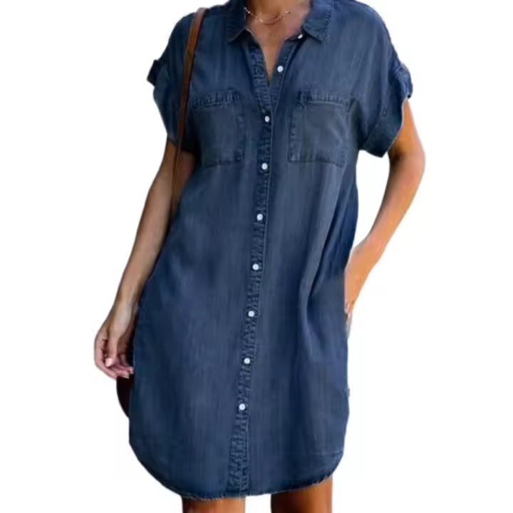 Vestido corto informal de verano para mujer, vestido de manga corta ajustado, falda vaquera midi - 1