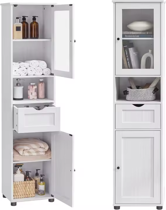 Mueble de Baño de Armario Alto Diseño Estrecho con Patas Altura Ajustable Ahorro de Espacio - 1
