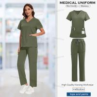 Ropa de trabajo, conjuntos de uniformes elásticos, uniforme de enfermera, uniforme médico para mujer, conjuntos de pantalones rectos de manga corta con cuello en V - details 15