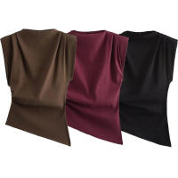 TRAFZA-Tops informales de verano para mujer, blusas ajustadas asimétricas con cremallera trasera sin mangas y cuello redondo, 3 colores, 2024 - details 1