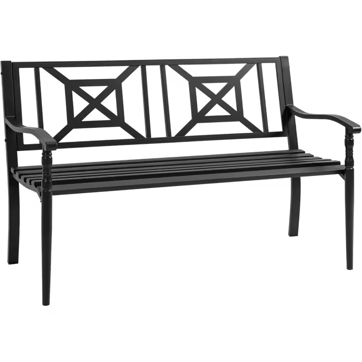 Banco de Jardín de 2 Plazas Banco Exterior de Acero con Reposabrazos y Respaldo Decorativo para Terraza Balcón Patio Carga 240 kg 128x62,5x81,5 cm Negro - 1