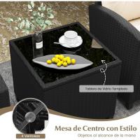 Conjunto de jardín exterior de ratán de 3 piezas, 1 mesa auxiliar de vidrio templado y 2 sillas con cojines, muebles de jardín terraza balcón exterior (negro) - details 18