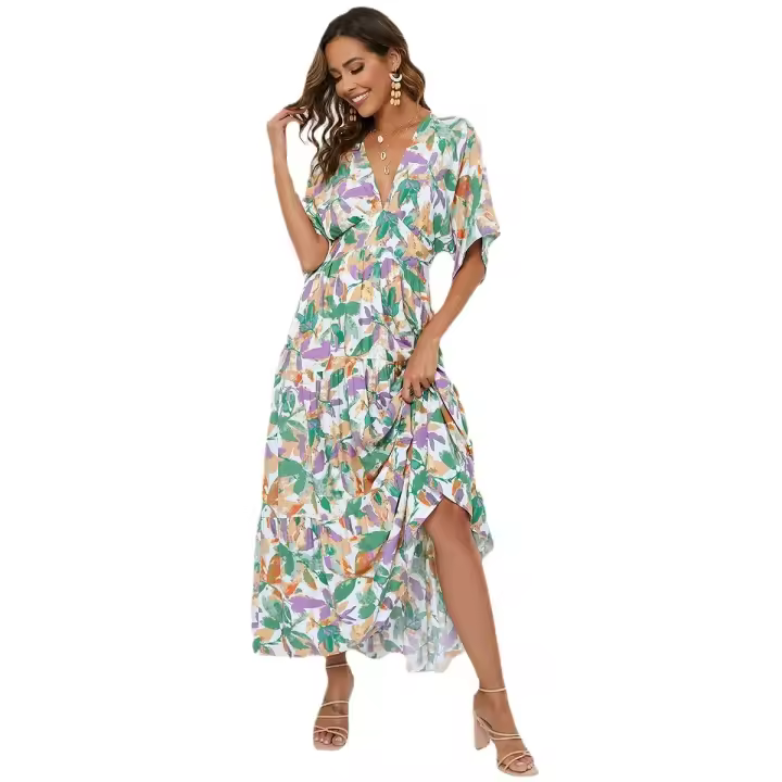 NOVEDAD DE VERANO 2025, manga de murciélago para mujer, cintura en V profunda, estampado para vacaciones en la playa Ds - 1