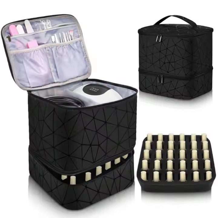 Organizador de esmalte de uñas de doble capa, de cuero PU, con capacidad para 30 botellas, Kit de uñas, Estuche de transporte, cuadros de rombos de mano - 1