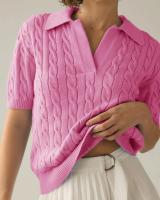 Suéter de manga corta con cuello en V para mujer, Jersey informal de punto con cuello de solapa suave, color rosa, a la moda, Y2K - details 14