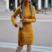 Nuevo vestido de mujer 2023 con cuello, manga larga, tejido grueso y elegante, envuelto en una torsión de pierna alta para otoño e invierno - details 6