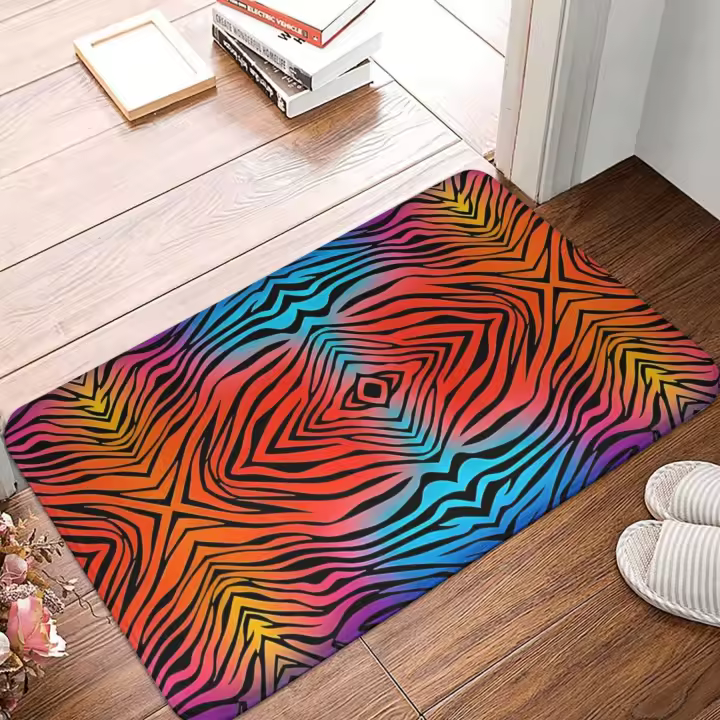 Alfombra de cocina antideslizante con rayas abstractas de cebra Solar ondulada, felpudo de poliéster para entrada de dormitorio, decoración del hogar, franela lavable a máquina, 1 ud. - 1